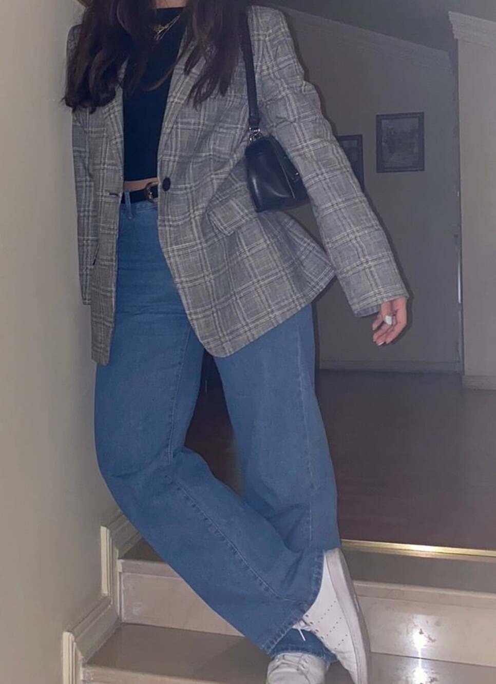 Zara Plaid Blazer Jacket Size M Grey Black Check Single Button